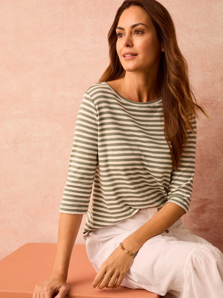 Sage green and white horizontal striped boatneck 3/4 sleeve shirt.