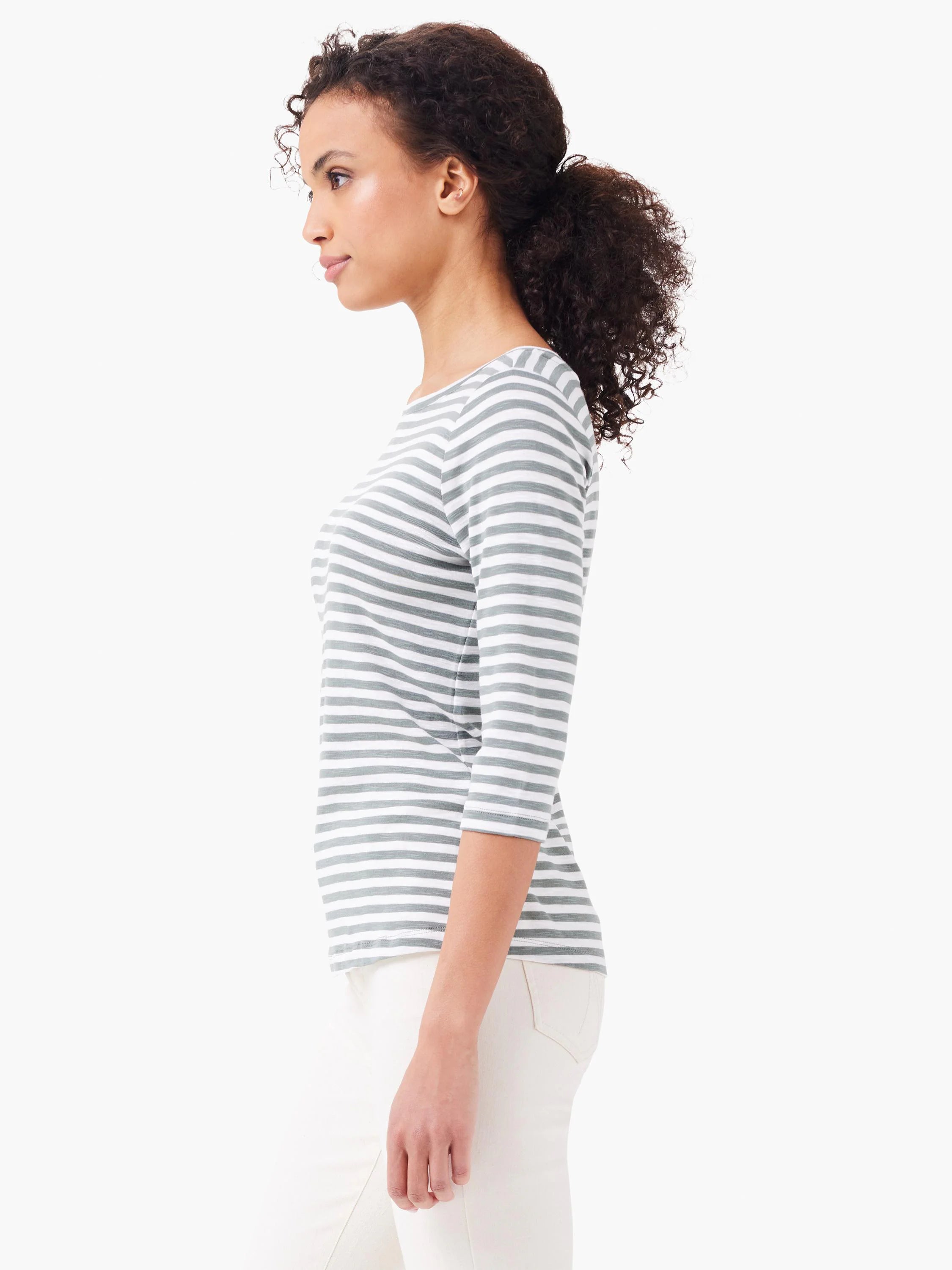 Gray and white horizontal striped 3/4 sleeve boatneck shirt.