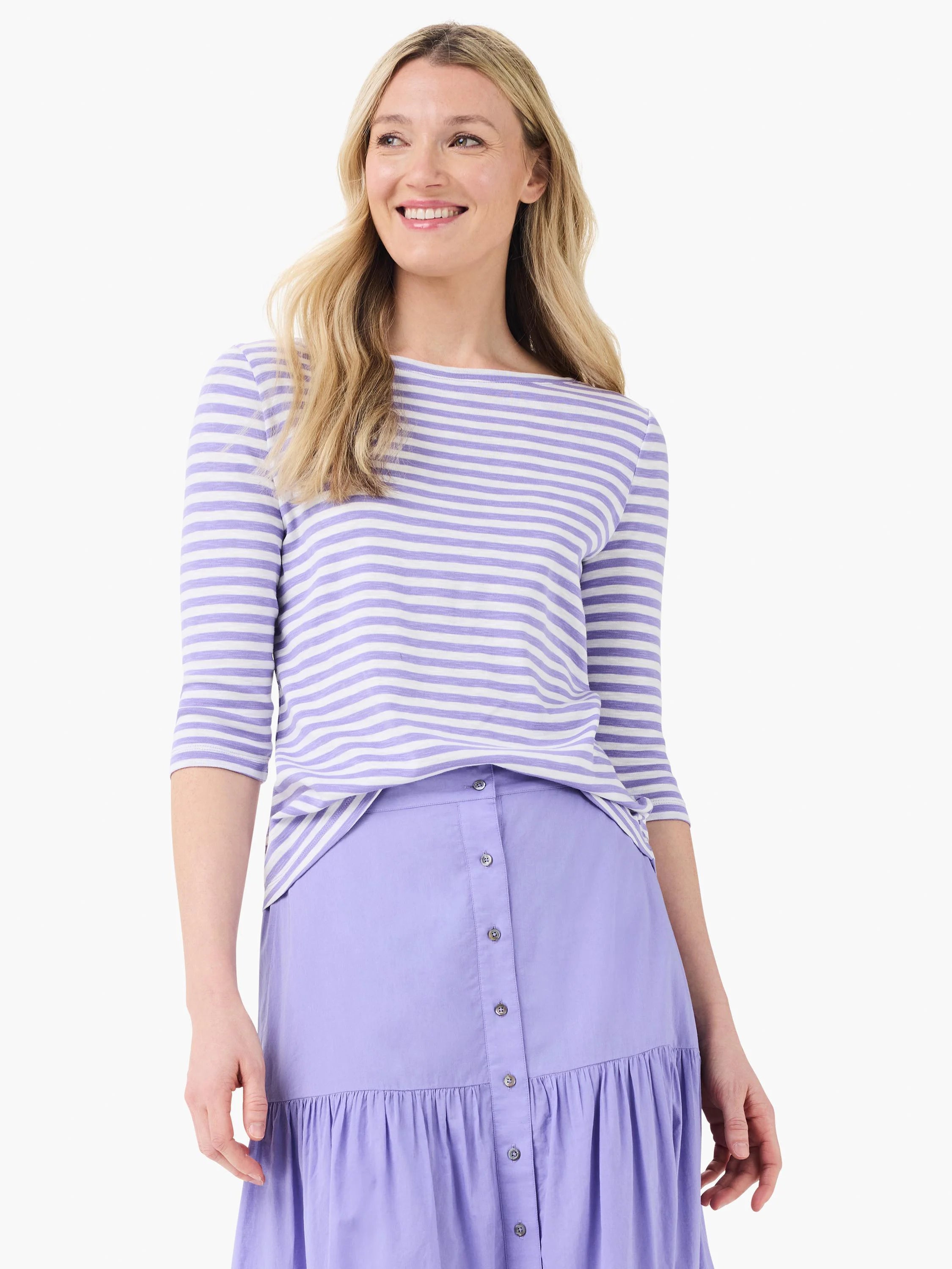 Lilac and white striped 3/4 sleeve boatneck shirt.
