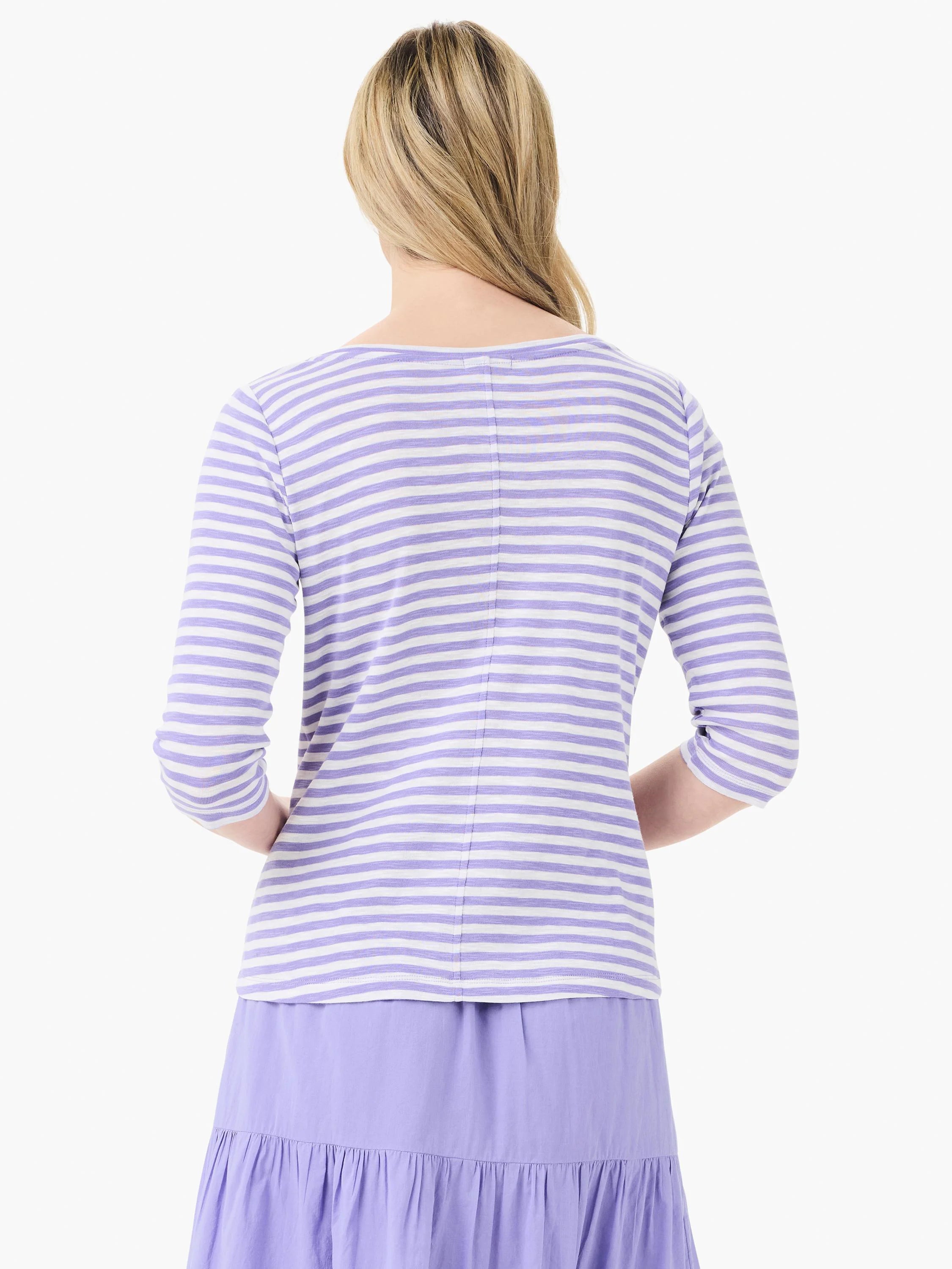 Purple and white horizontal striped 3/4 sleeve boat neck shirt, shown from the back.