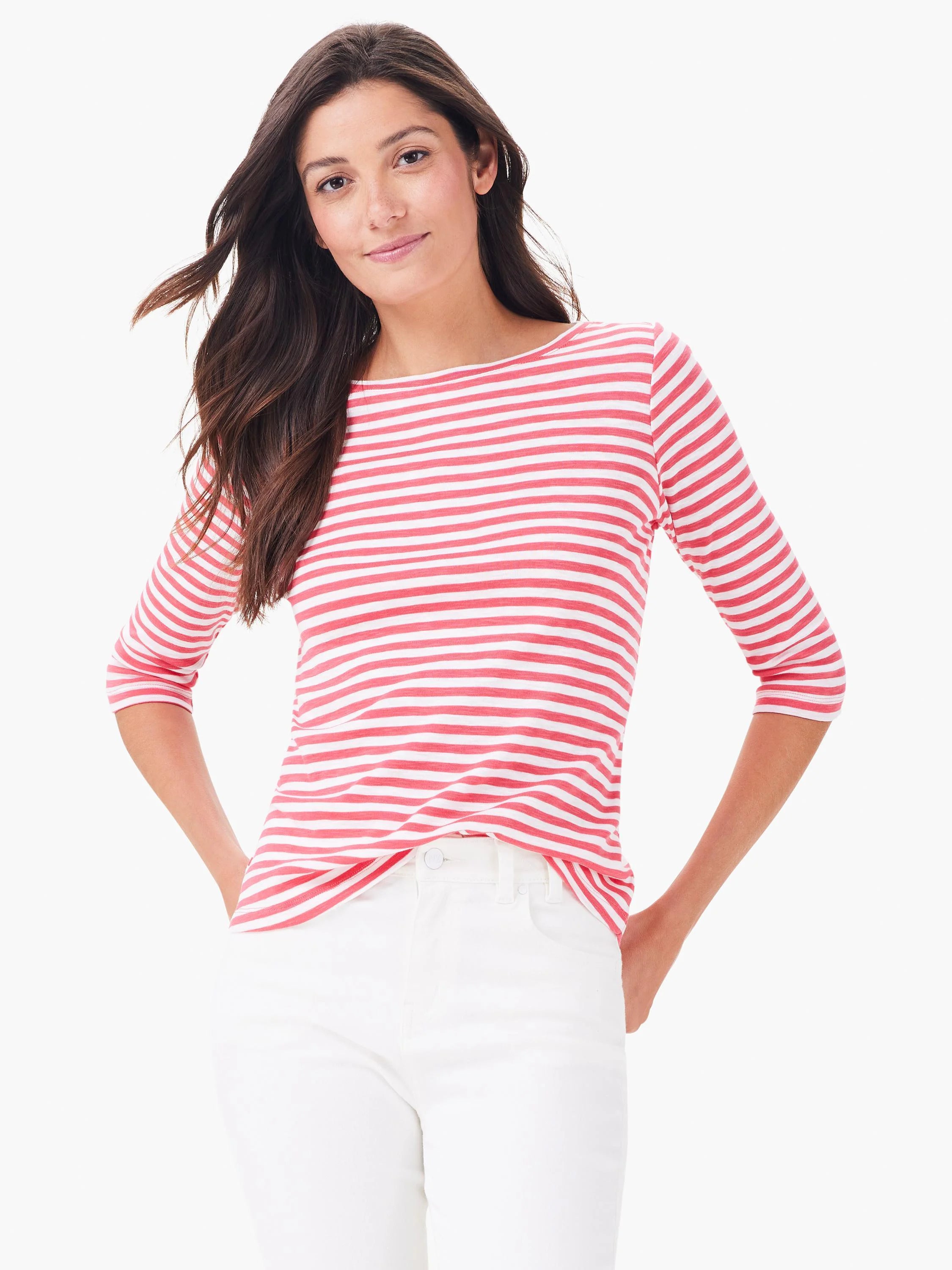 Nzt 3/4 Sleeve Stripe Boat Tee in Pkm
