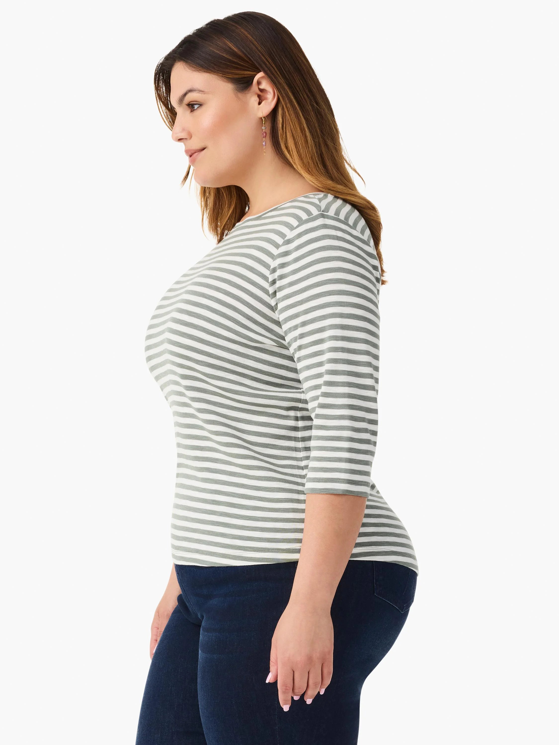 Boat neck, 3/4 sleeve tee with white and olive green stripes.