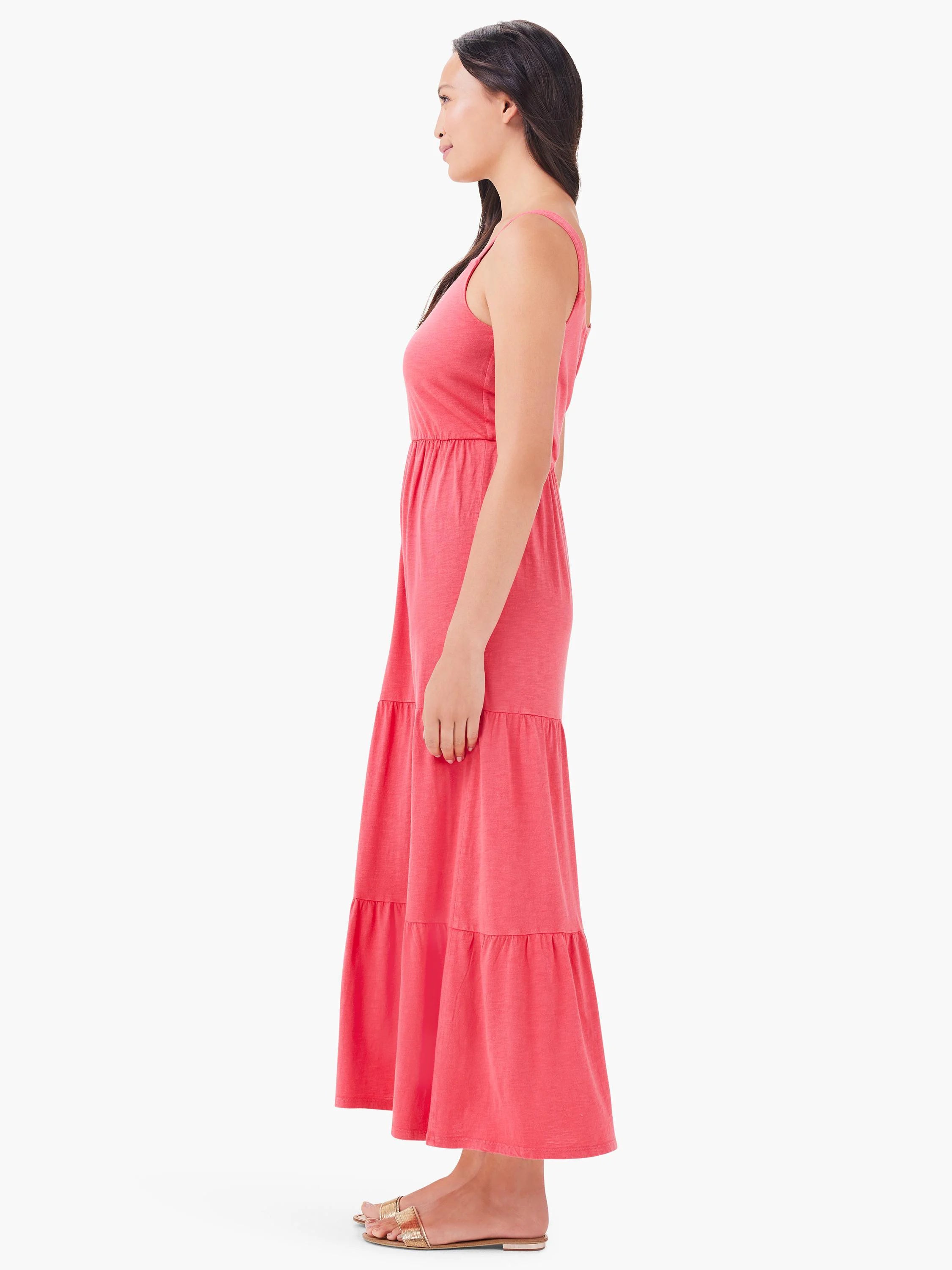 Pink tiered maxi dress; sleeveless, empire waist.  Three tiers.