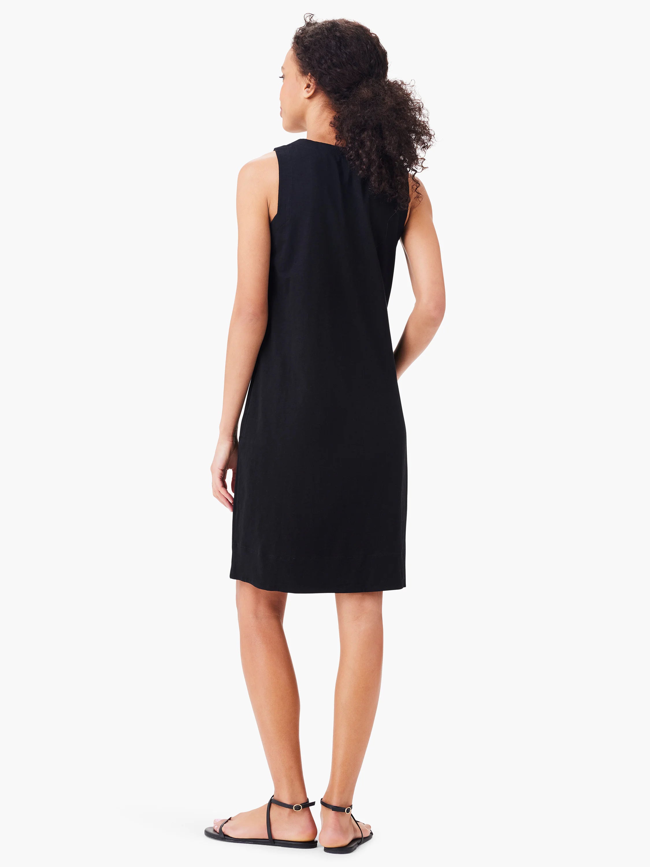 Black sleeveless V-neck dress, knee-length, shown from the back.
