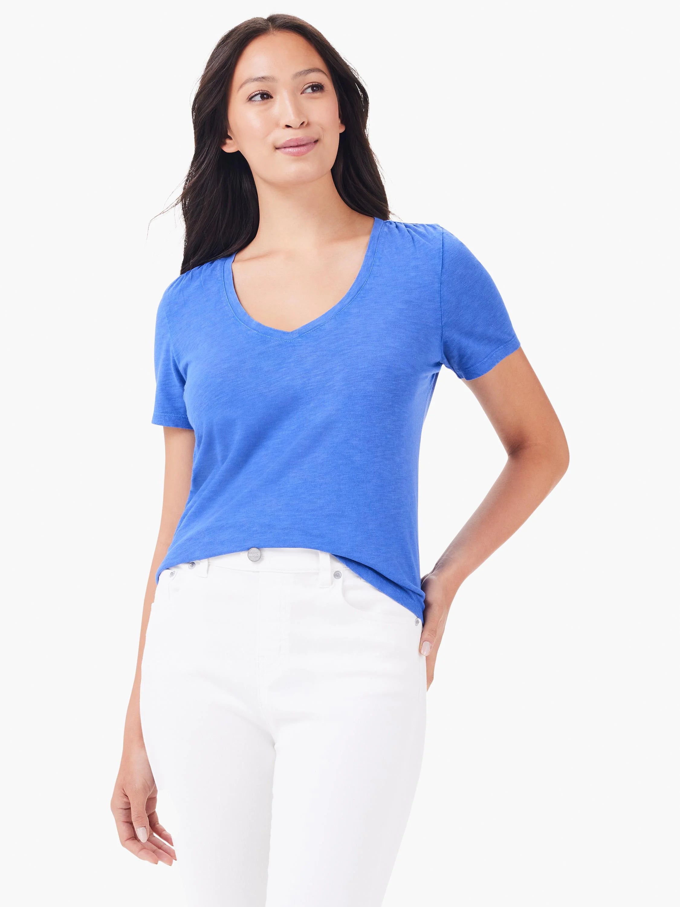 Short-sleeved, V-neck t-shirt; solid royal blue;  shows subtle texture.