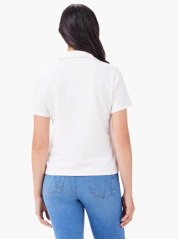 Here's alt text that is under 125 characters:

"White short-sleeve polo shirt, collared, shown from the back on a model. 
