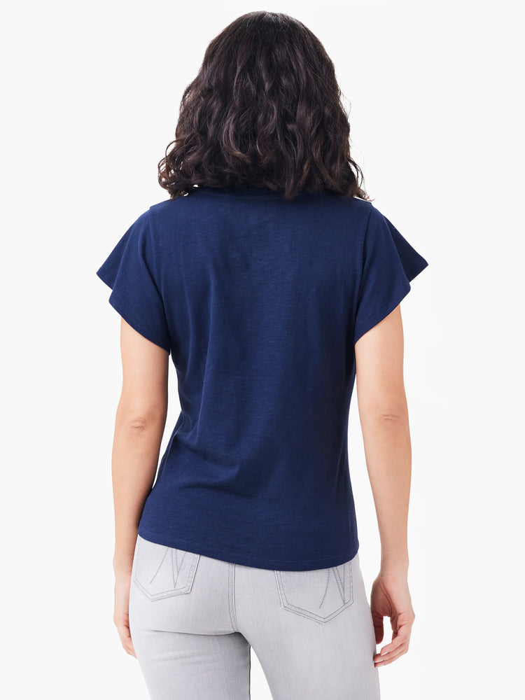 Here's alt text for the image, under 125 characters:

"Navy blue short-sleeve t-shirt, shown from the back.  The shirt...