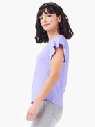 Light purple short-sleeve shirt; ruffled sleeves; heather texture.