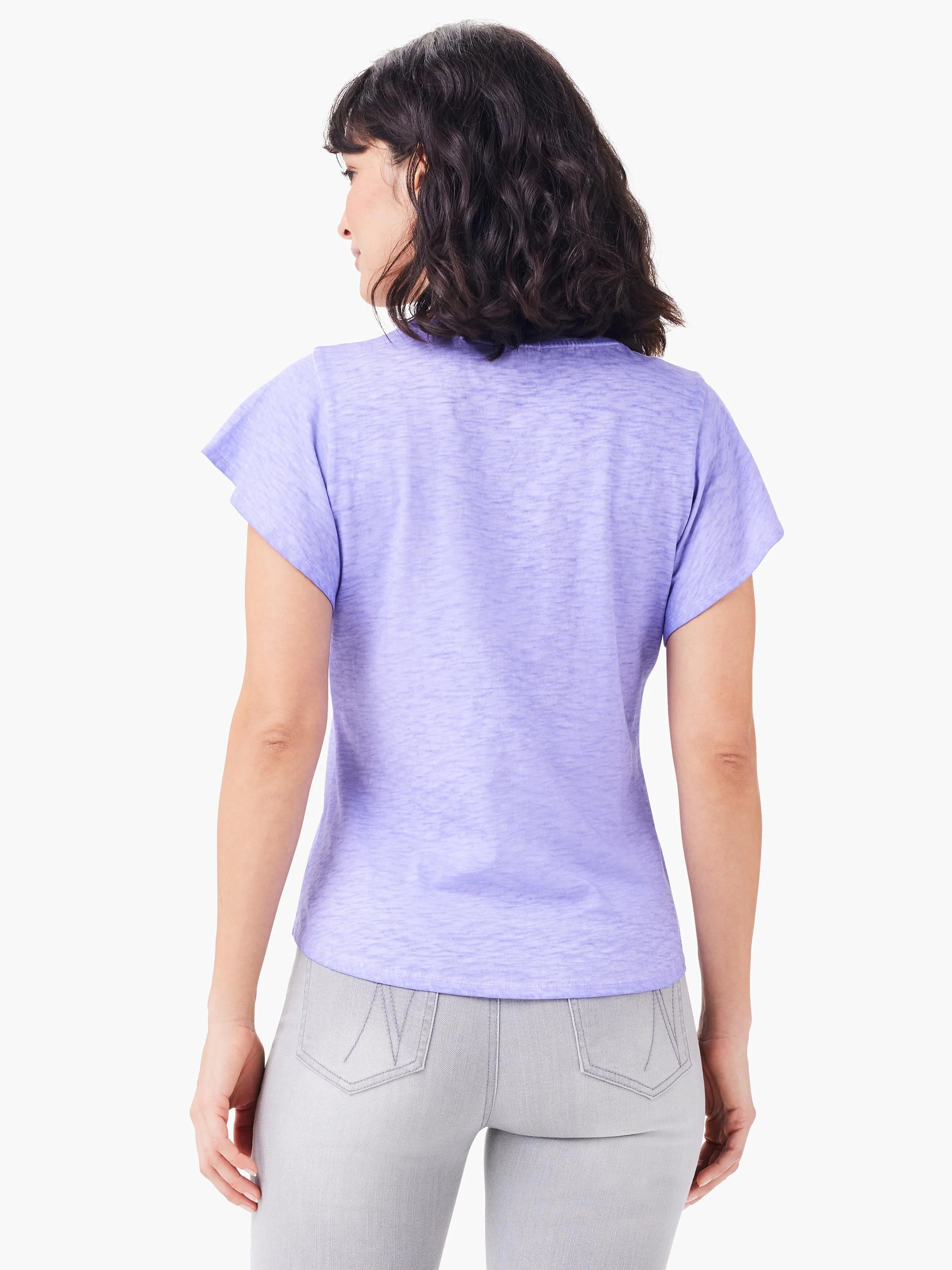 Purple short-sleeve shirt;  slightly textured fabric.  Back view.
