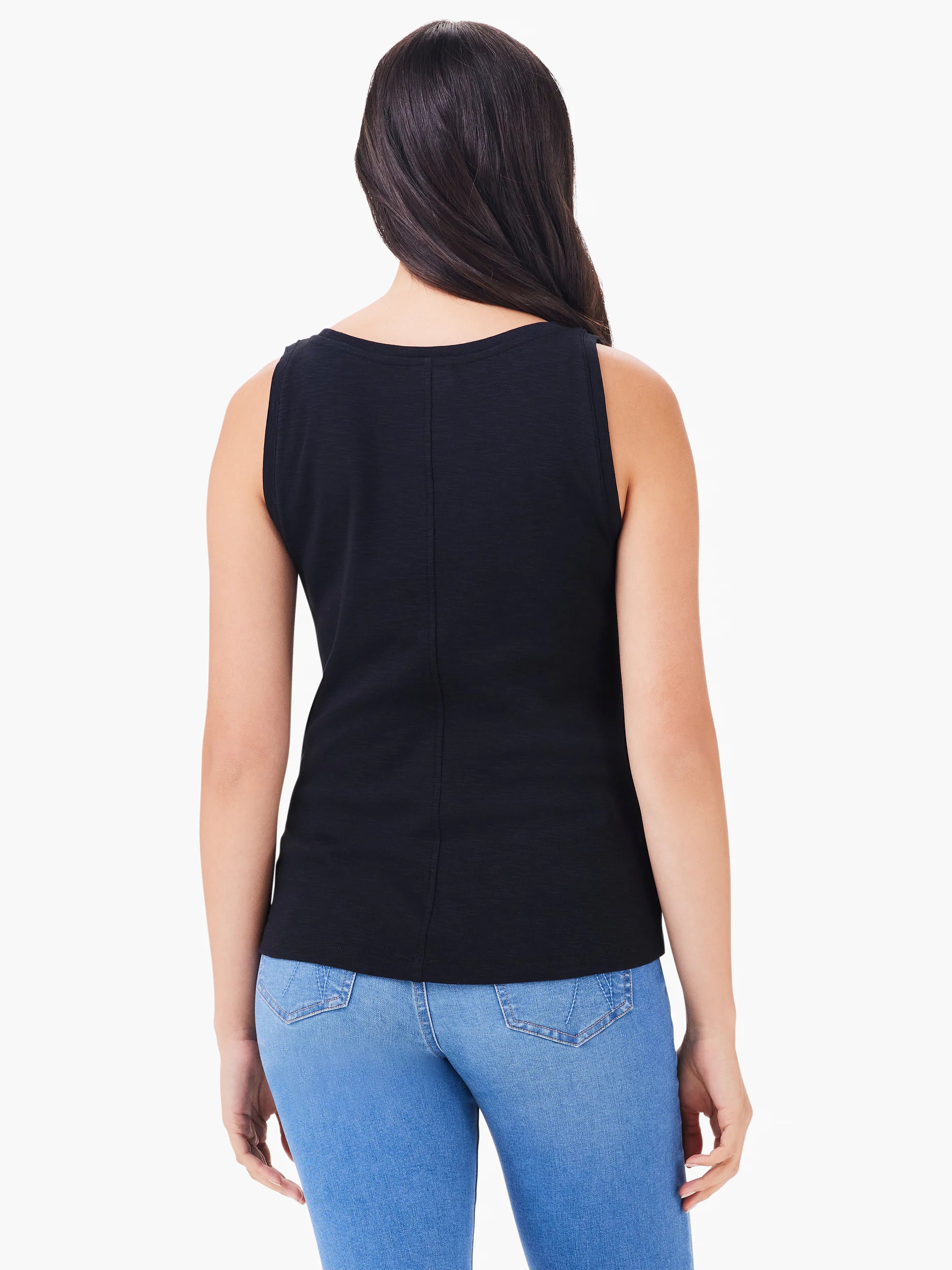 Black boatneck sleeveless top; back view.  Slight texture visible. Model also wearing light blue jeans.