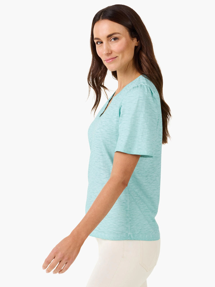 Light teal short-sleeve tee with a split neckline.  Slightly textured fabric.