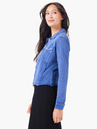 Blue denim-look jacket with collar, button front, two chest pockets, and frayed hem.