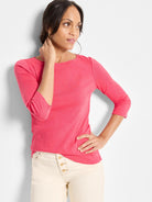 Coral pink 3/4 sleeve boat neck tee, with a subtle slub knit texture.