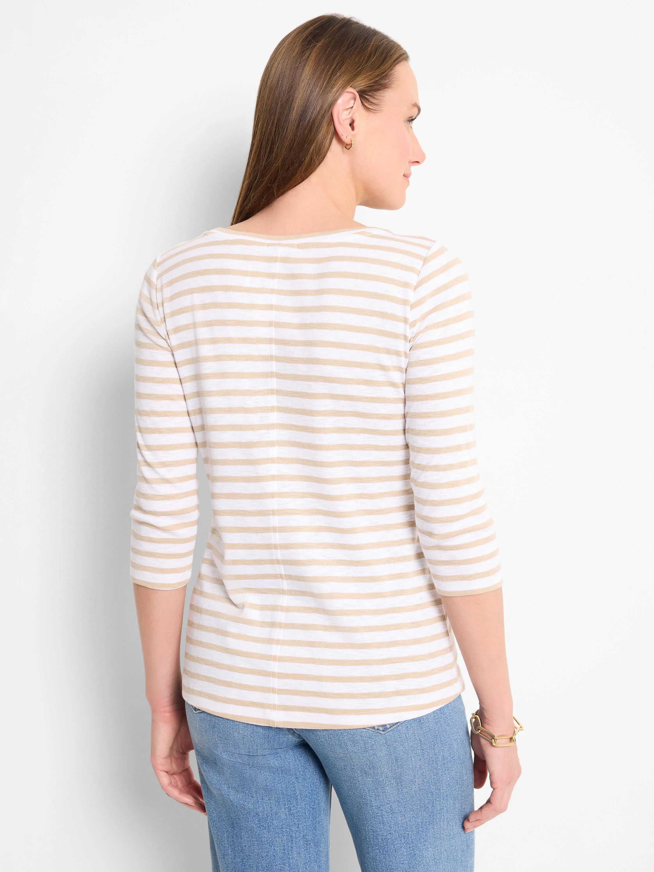 White and tan striped 3/4 sleeve boat neck tee, shown from the back.