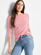 Red and cream horizontal striped 3/4 sleeve boat neck tee.