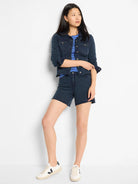 Blue and white striped short-sleeved crew neck t-shirt.