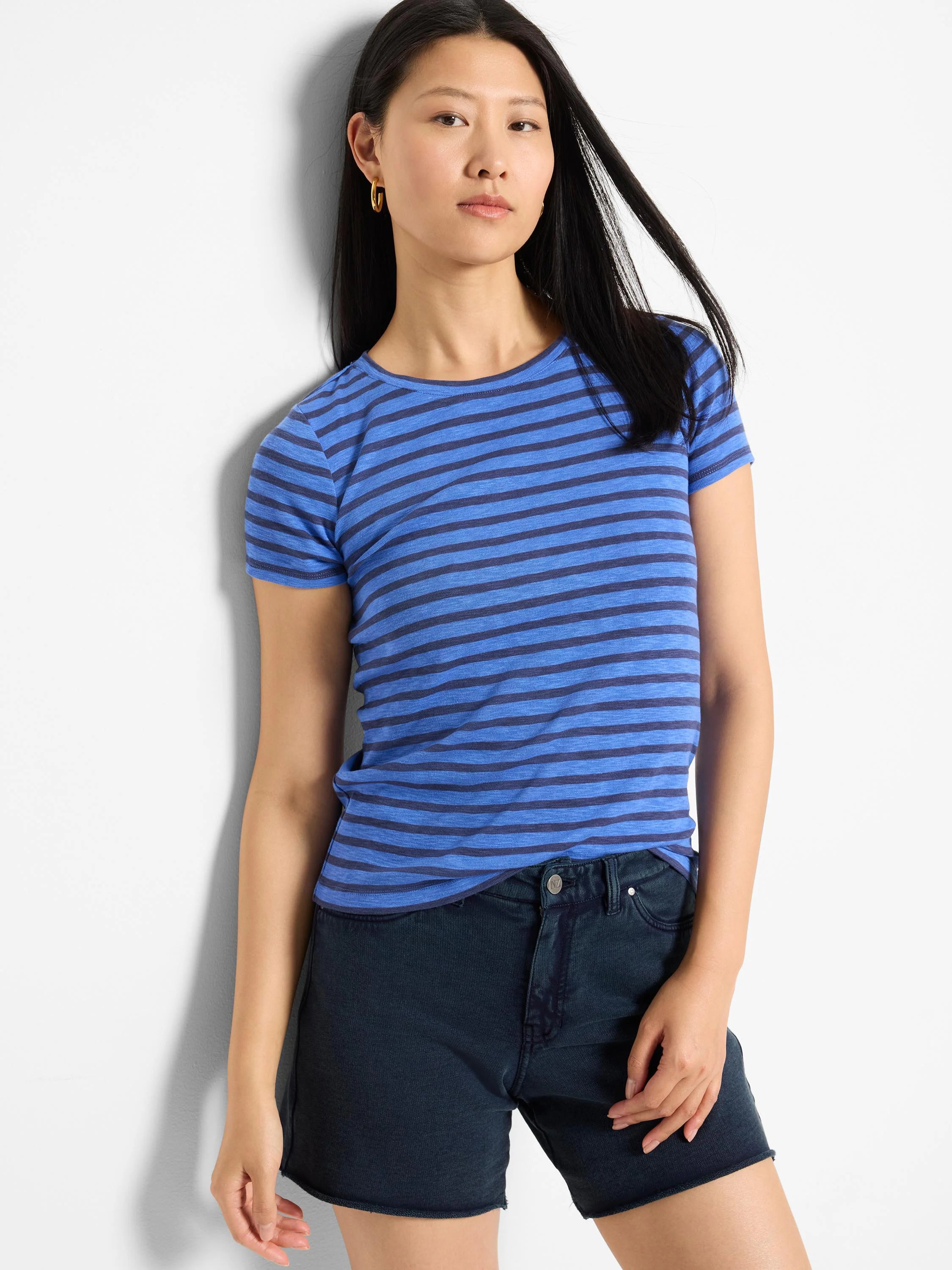 Blue and dark blue horizontal striped short-sleeved crew neck t-shirt.