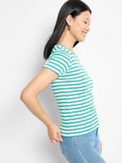 Green and white horizontal striped short-sleeve crew neck tee.