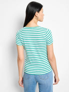 Short-sleeve, crew neck tee. Teal and white horizontal stripes.  Fitted.