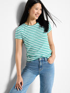 Short-sleeved, crew-neck tee with teal and white horizontal stripes.