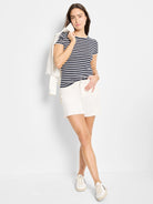 Navy blue and white striped short-sleeved crew neck t-shirt.