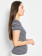 Navy blue and off-white horizontal striped shirt; short sleeves, crew neck.