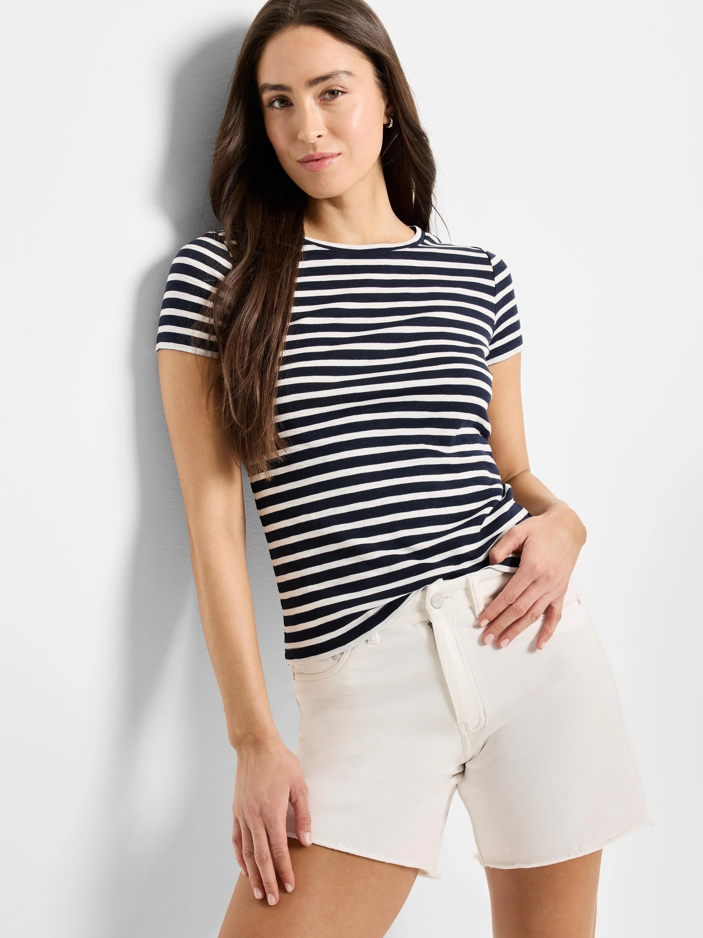 Navy blue and white horizontal striped short-sleeve shirt; crew neck.