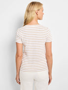 Back view of beige and white horizontally striped short-sleeve crew neck t-shirt.