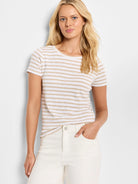 Cream & beige horizontal striped short-sleeve crew neck t-shirt.