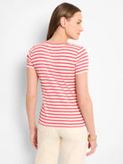 Pink and cream horizontally striped short-sleeve crew neck tee.  Back view.