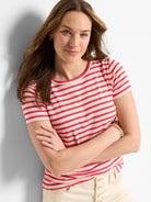 Red and cream horizontal striped short-sleeve crew neck t-shirt.