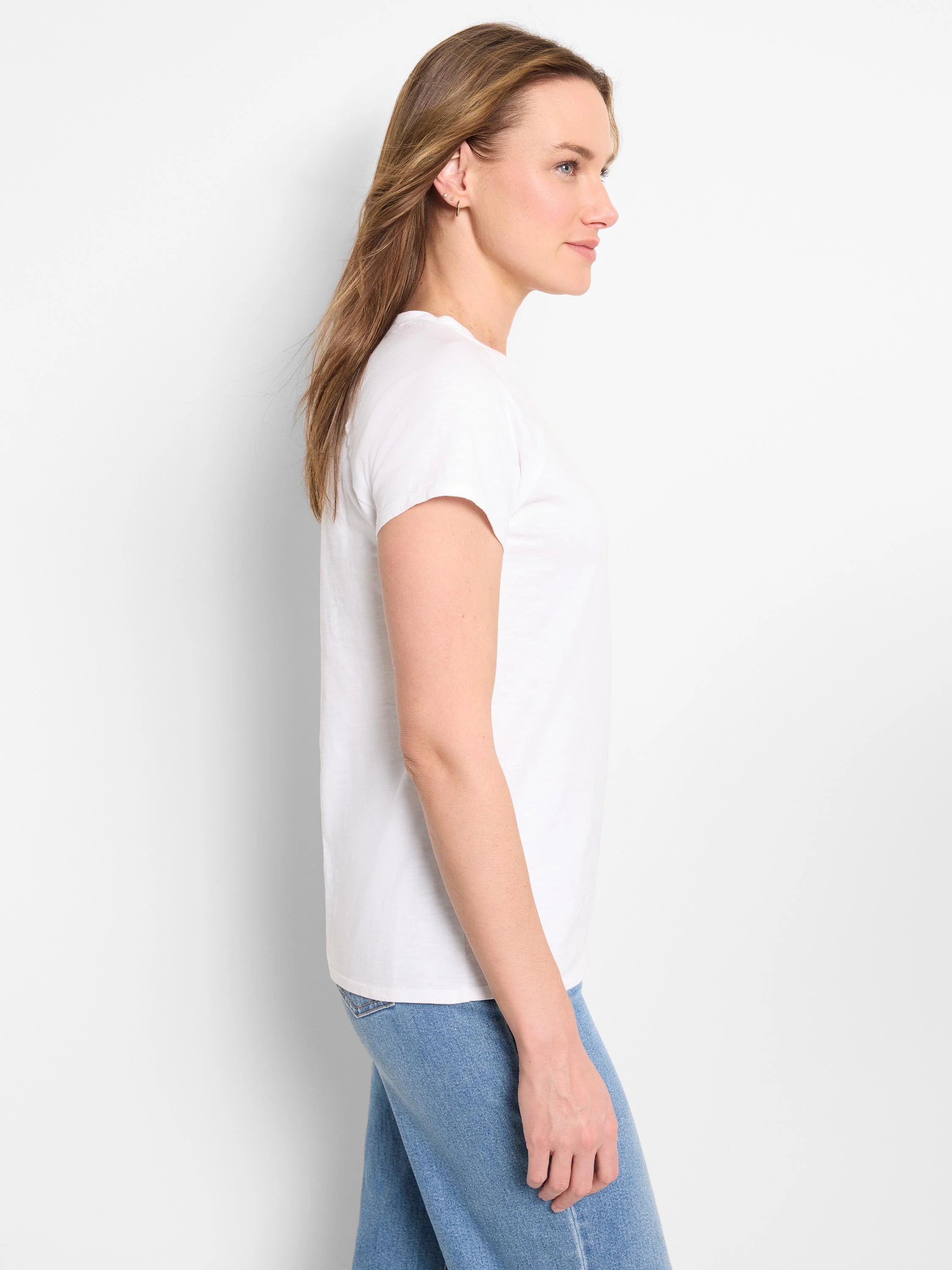 White short-sleeve cotton t-shirt, crew neck.  Side view.