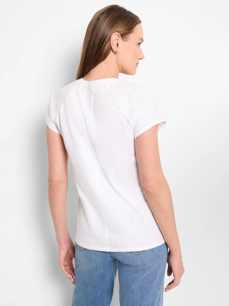 White cotton crew neck tee with short sleeves.  Back view shows seams at shoulders.