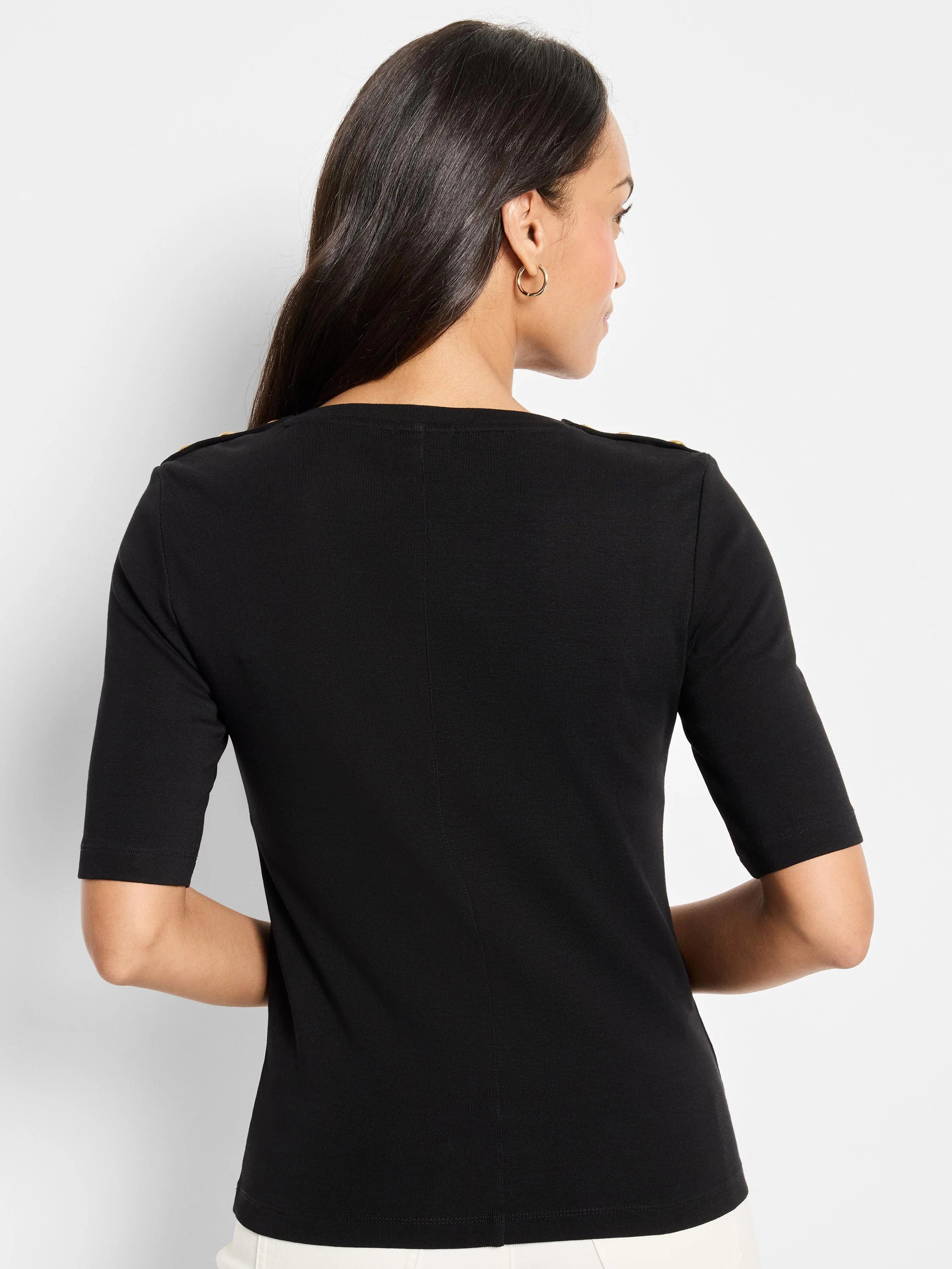 Black, elbow-length sleeve top with small gold buttons on shoulders.  Square neckline.