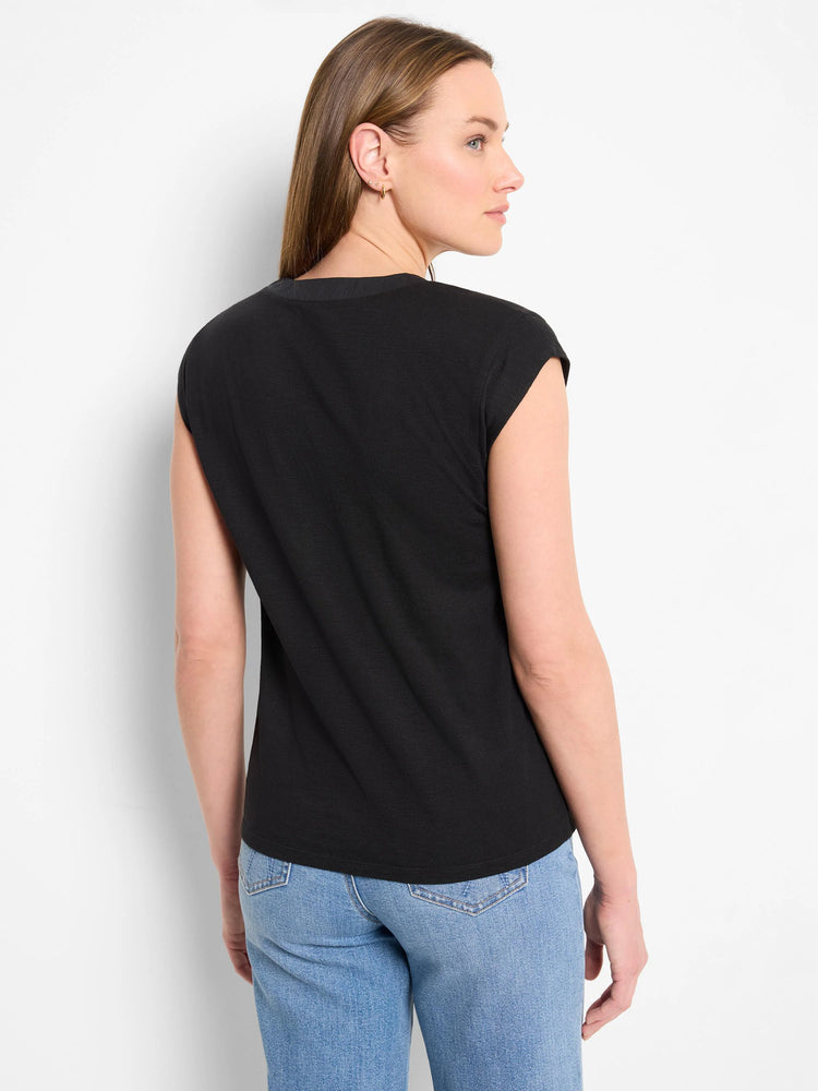 Black V-neck tank top, modeled from behind, with a crew neck back and cap sleeves.