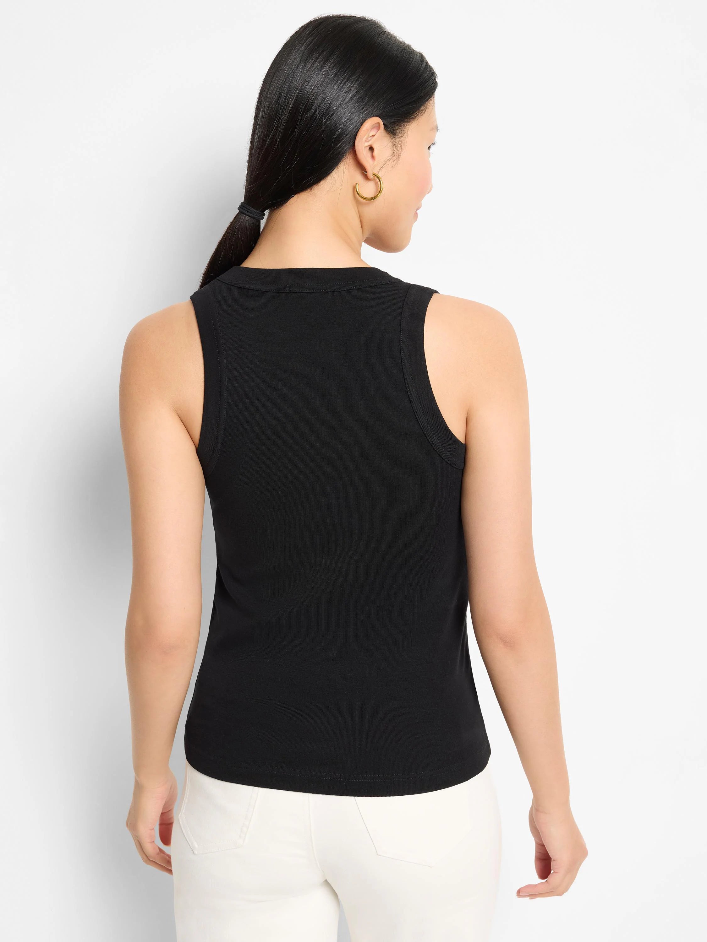 Here's alt text for the image, under 125 characters:

Black sleeveless V-neck ribbed tank top, shown from the back.