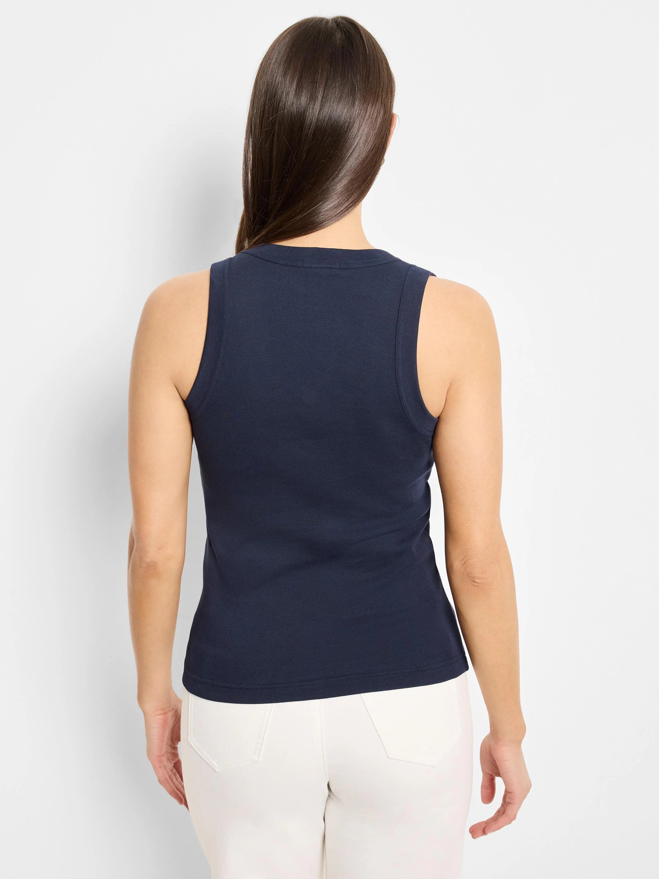 Here's alt text under 125 characters:

Dark navy blue sleeveless v-neck ribbed tank top, shown from the back.