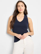 Navy blue sleeveless V-neck ribbed tank top.