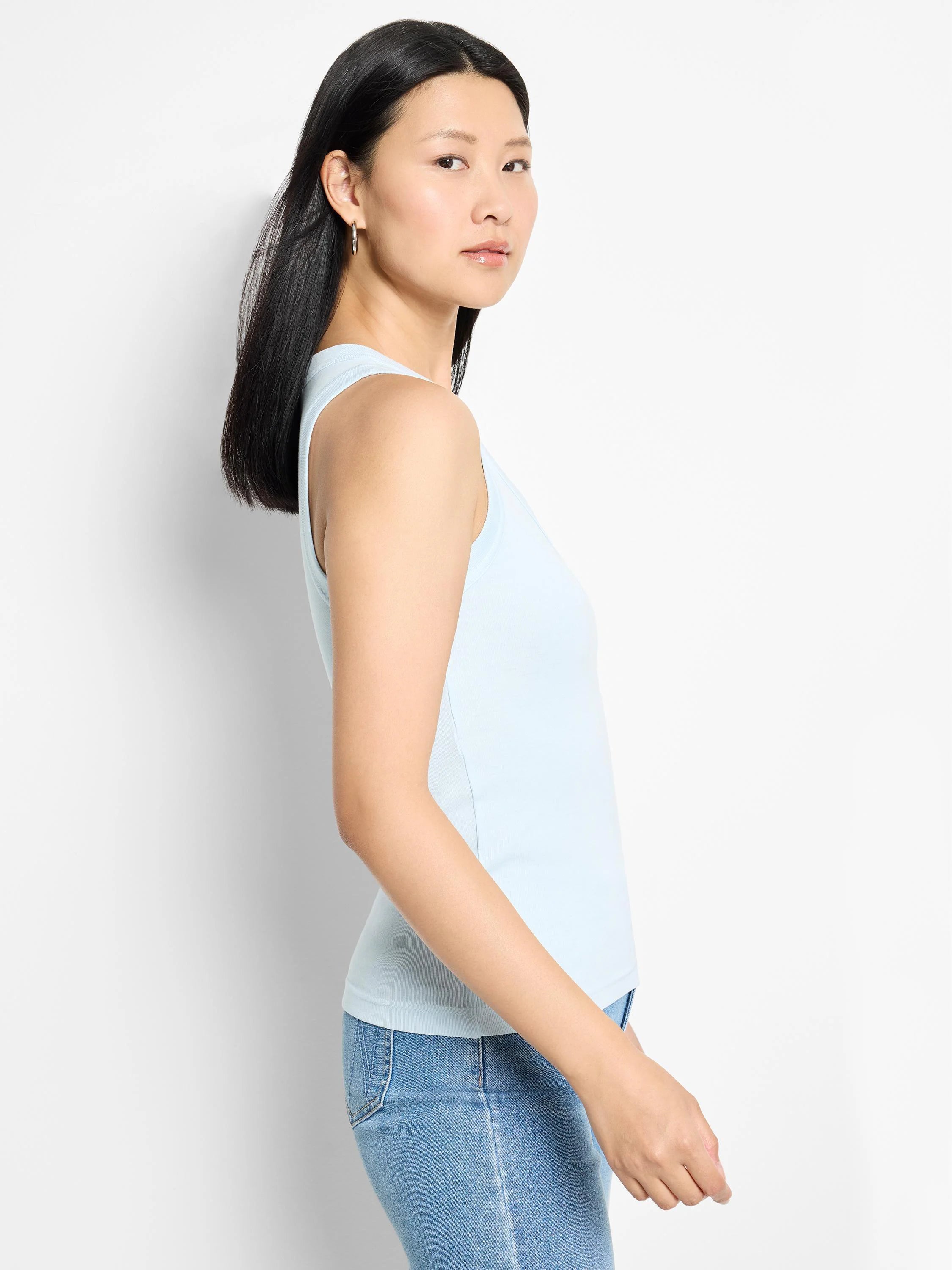 Light blue sleeveless V-neck ribbed tank top.