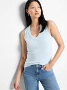 Light blue ribbed sleeveless v-neck tank top.