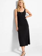 Black midi tank dress with three gold buttons.  Side slit.