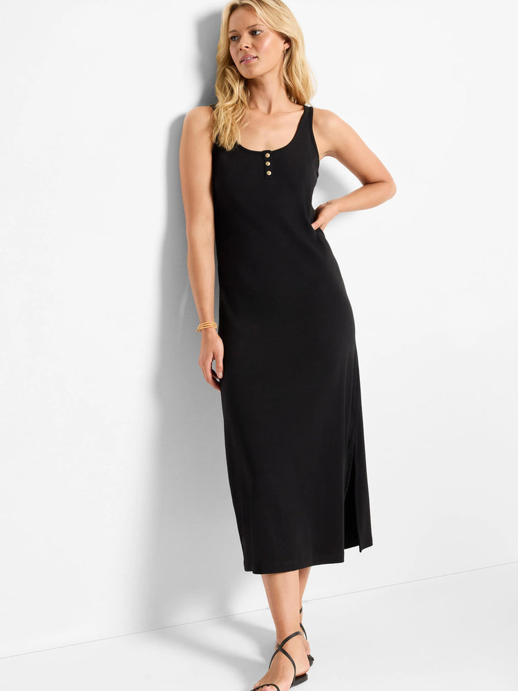 Black midi tank dress with three gold buttons.  Side slit.