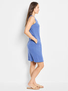 Blue and dark blue horizontal striped sleeveless V-neck dress, knee-length, with pockets.