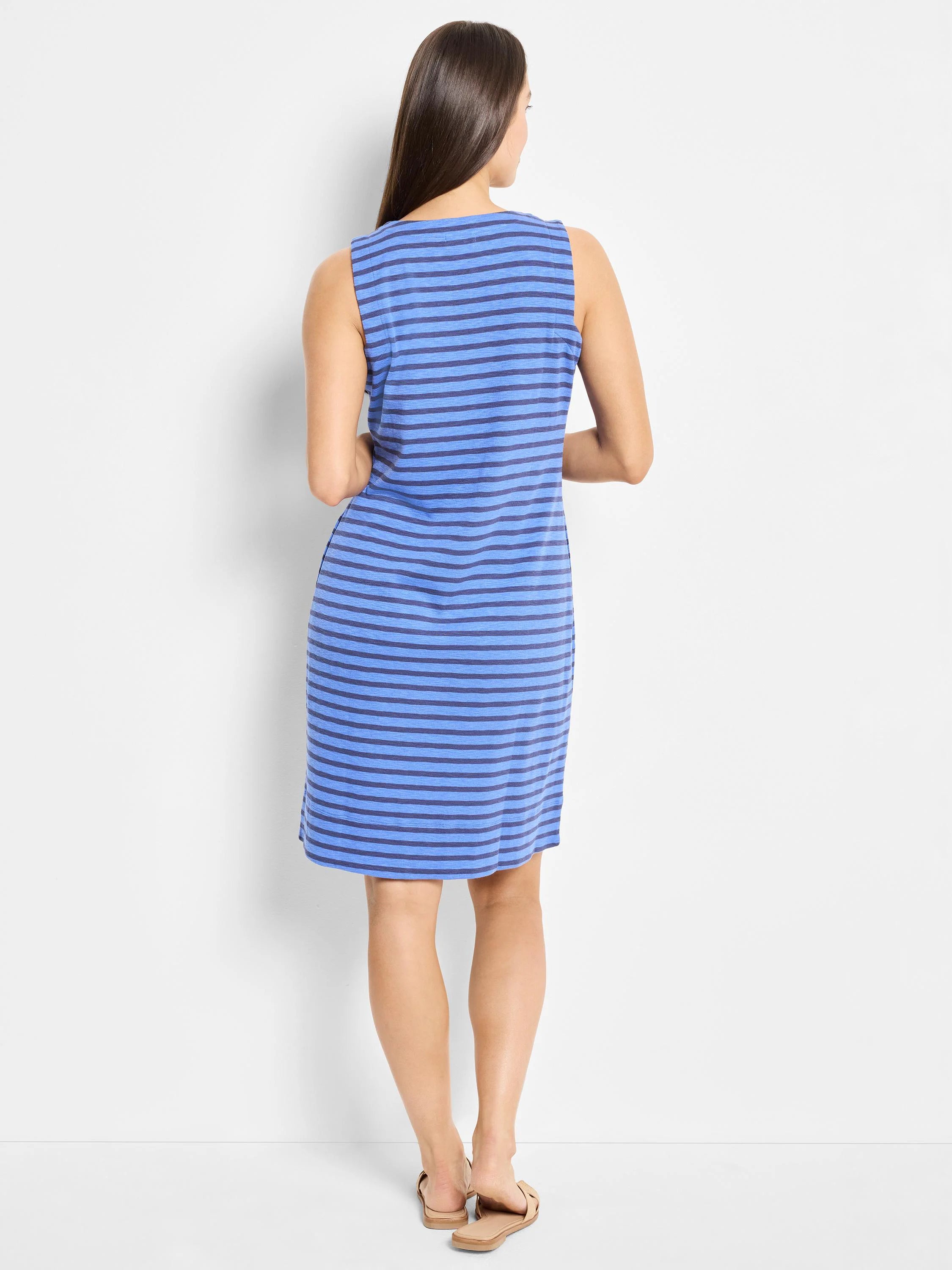 Blue and navy striped sleeveless V-neck dress, knee-length.  Rear view.