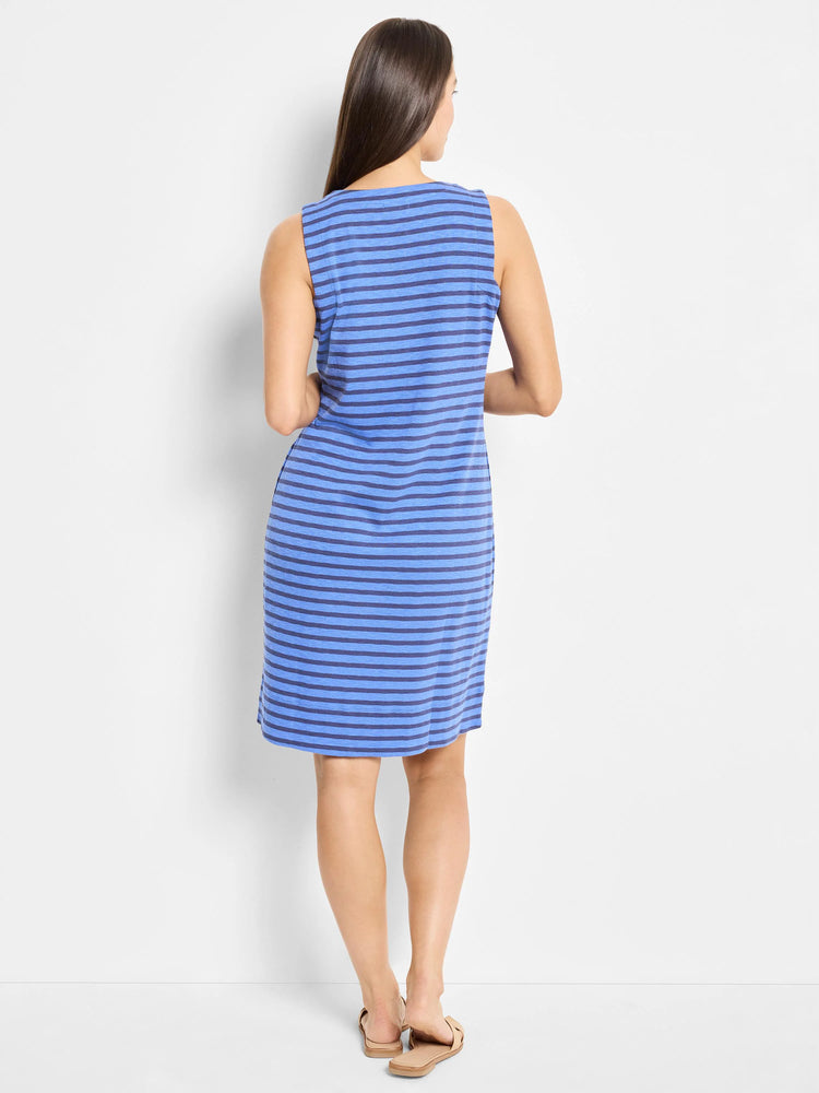 Blue and navy striped sleeveless V-neck dress, knee-length.  Rear view.