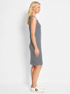 Sleeveless navy and white striped midi dress, V-neck.