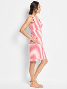 Pink and white striped sleeveless V-neck dress, knee-length, with pockets.