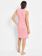 Pink sleeveless V-neck dress with horizontal red stripes.  Knee-length, casual style.