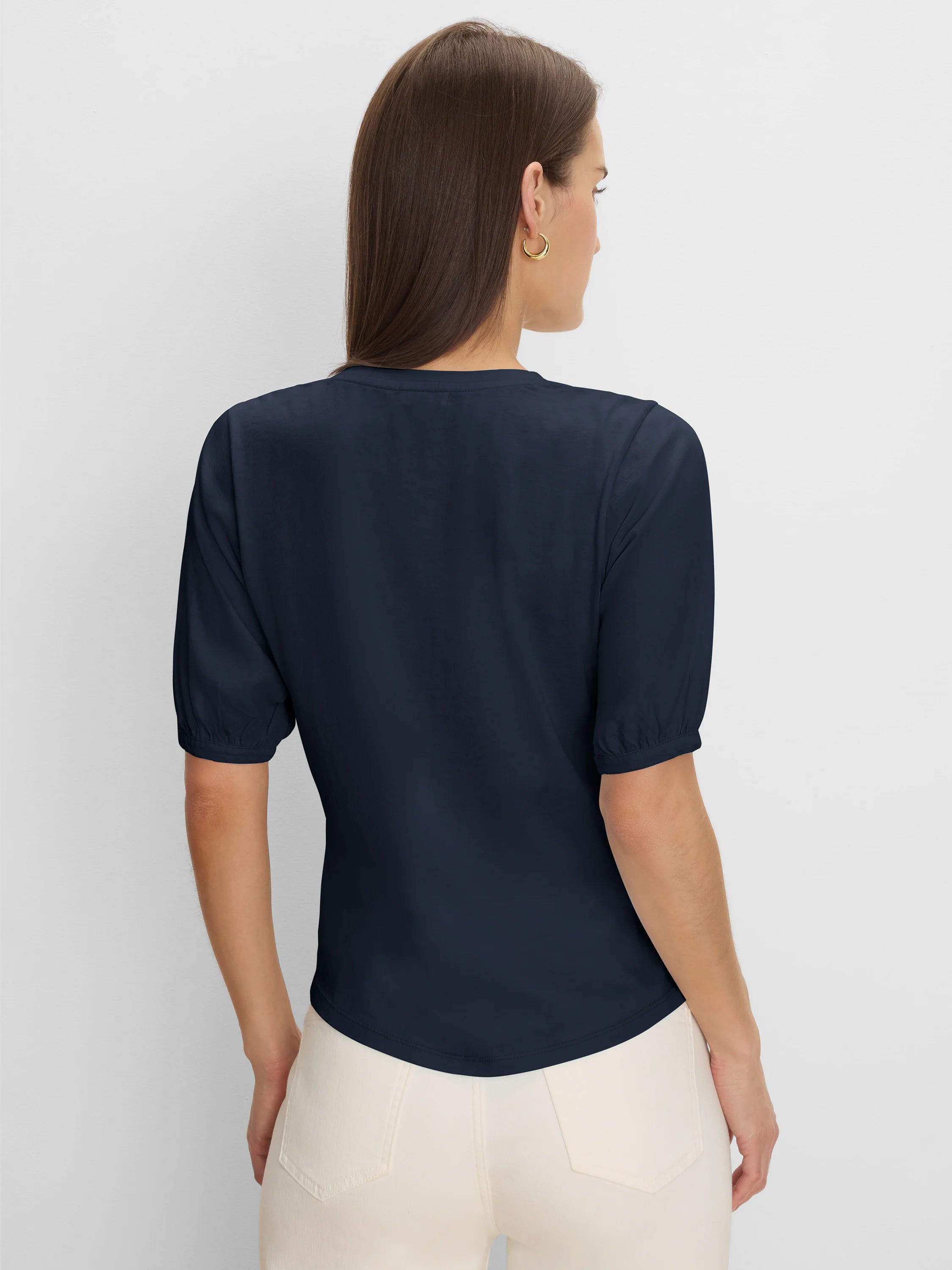 Navy blue tee with elbow-length sleeves and gathered cuffs, shown from the back.