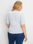 Light blue elbow sleeve tee, back view, with gathered cuffs.